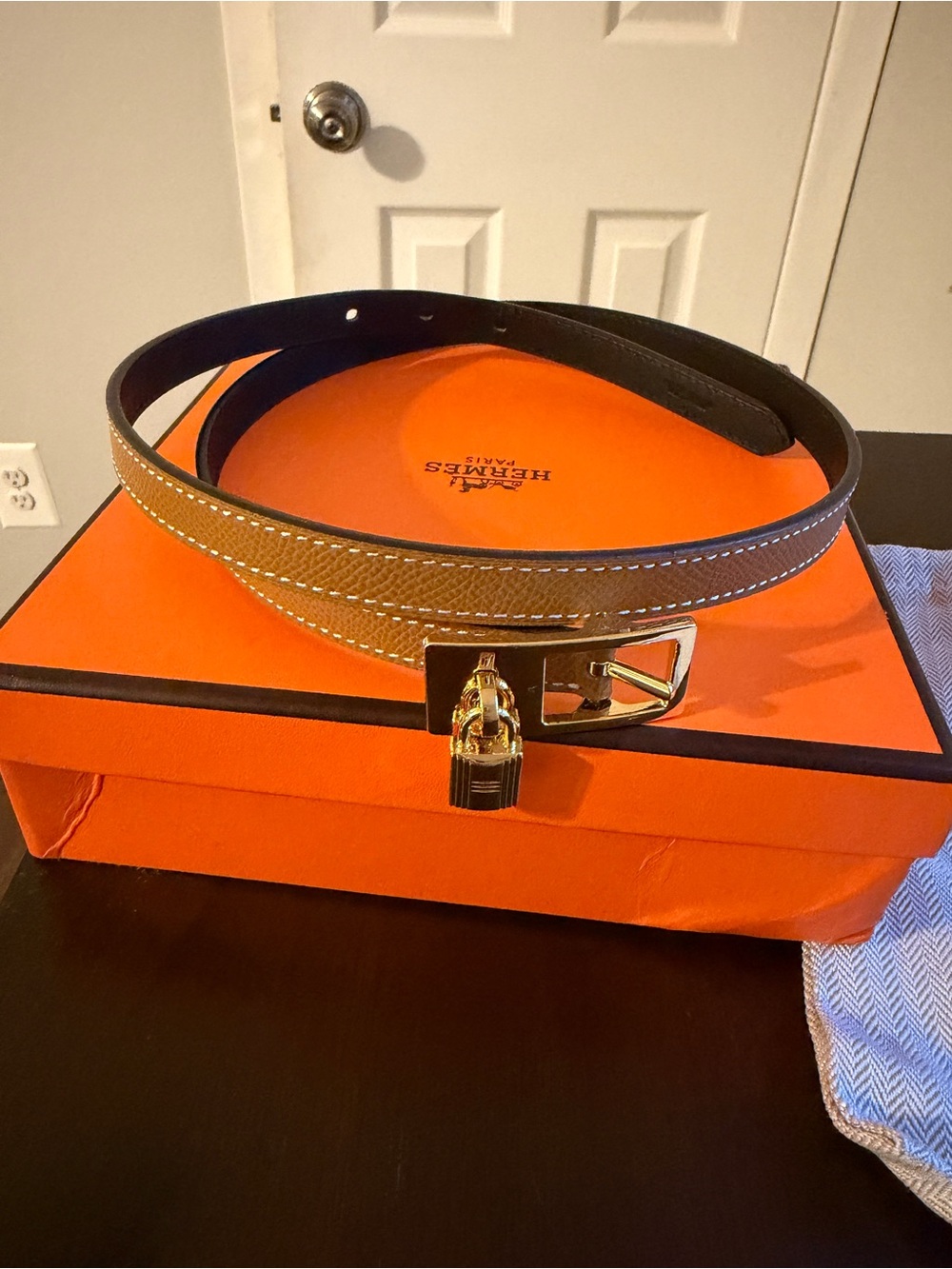 Hermes Brown Leather Belt with Gold Padlock Buckle